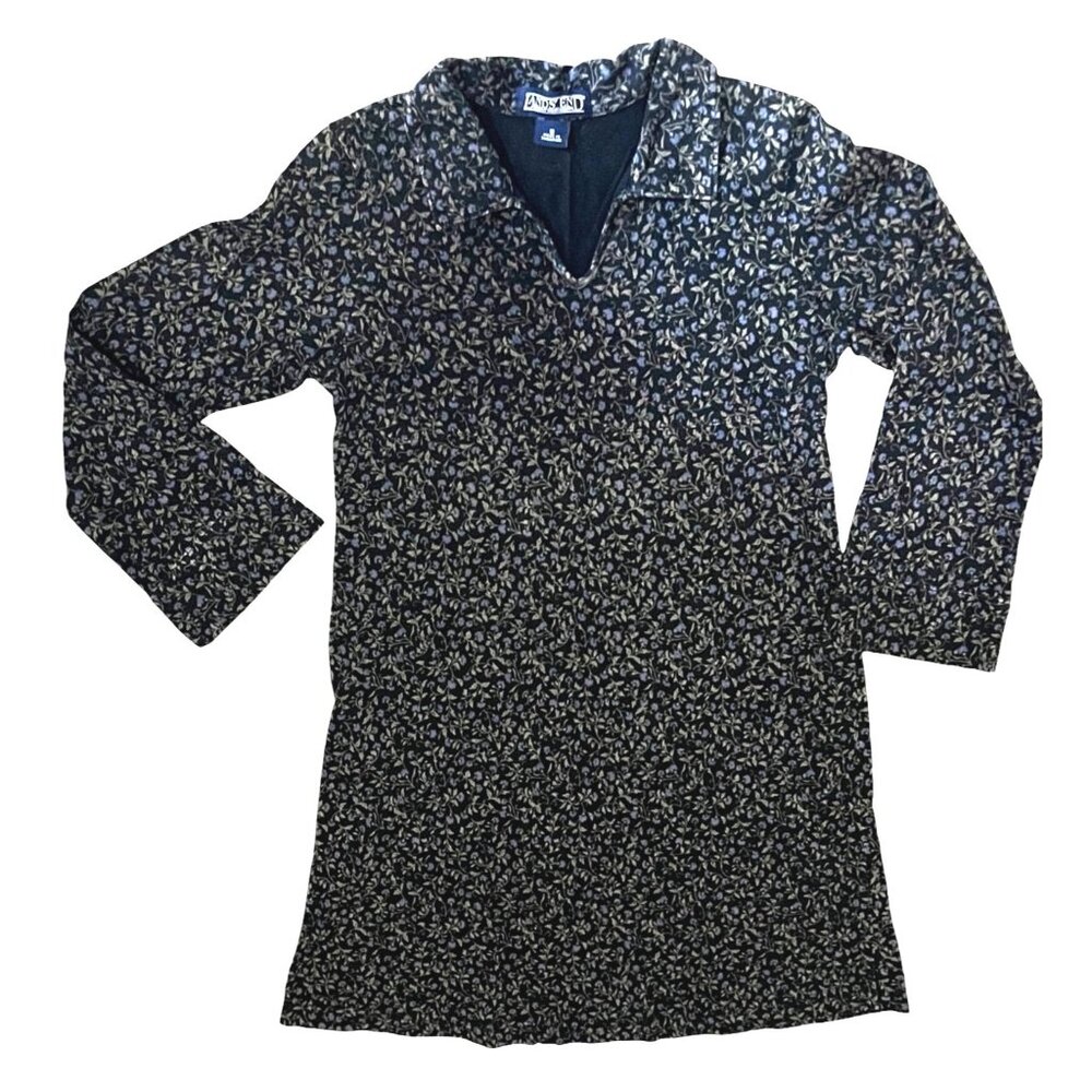 Land's End Long Sleeve Collared V Neck Floral Dress Sz 12 Girls (Medium) Navy Bl